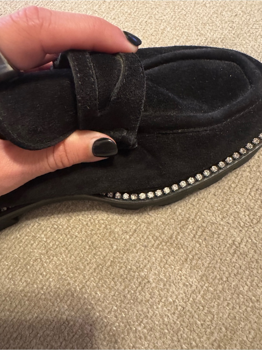 Jimmy Choo Black Suede Fur-Lined Loafer Mules with Crystal Trim - Picture 6 of 9